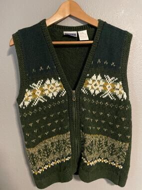 Vintage Erika & Co Sweater Vest Womens XL Green Fair Isle Floral Full Zip 90s